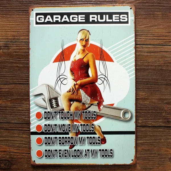

" Garage Rules and Lady " Vintage Metal Tin Signs Painting Home Decor Poster Wall Art Craft Sticker