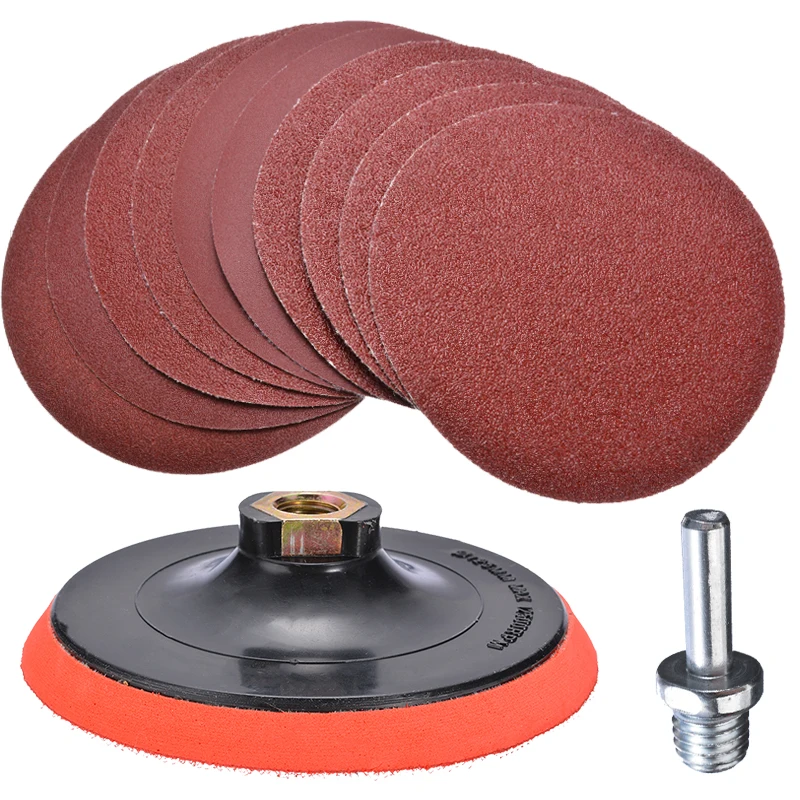 10pcs Sanding Disc Set  Hook and Loop 125mm Sand Paper with Backing Pad Drill Adaptor For Polishing Cleaning Tools