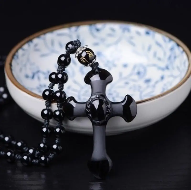 

Classic Black Glass Crystal Carved Cross Lucky Pendant Beads Necklace for Women and Men Hand Carved Exquisite Jewelry