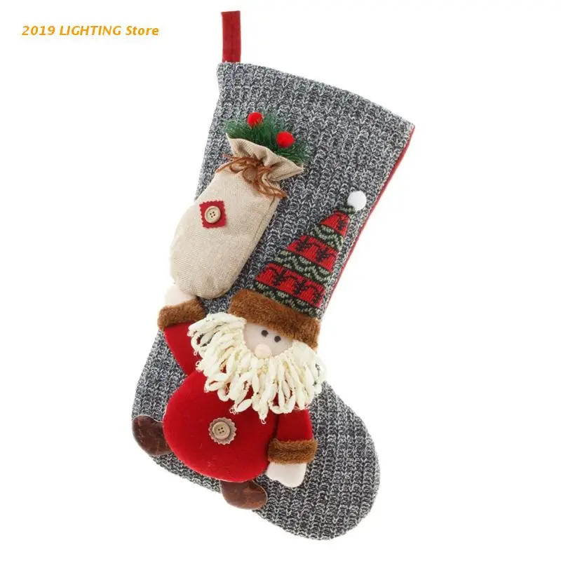 

Q9QF Large Knitted Woolen Christmas Stockings Candy Bag Xmas Elf Santa Snowman Doll Element Stocking for Family Country Rustic