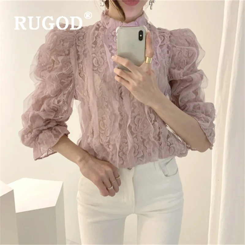 Женская кружевная блузка RUGOD с рукавами колокольчиками элегантная однотонная