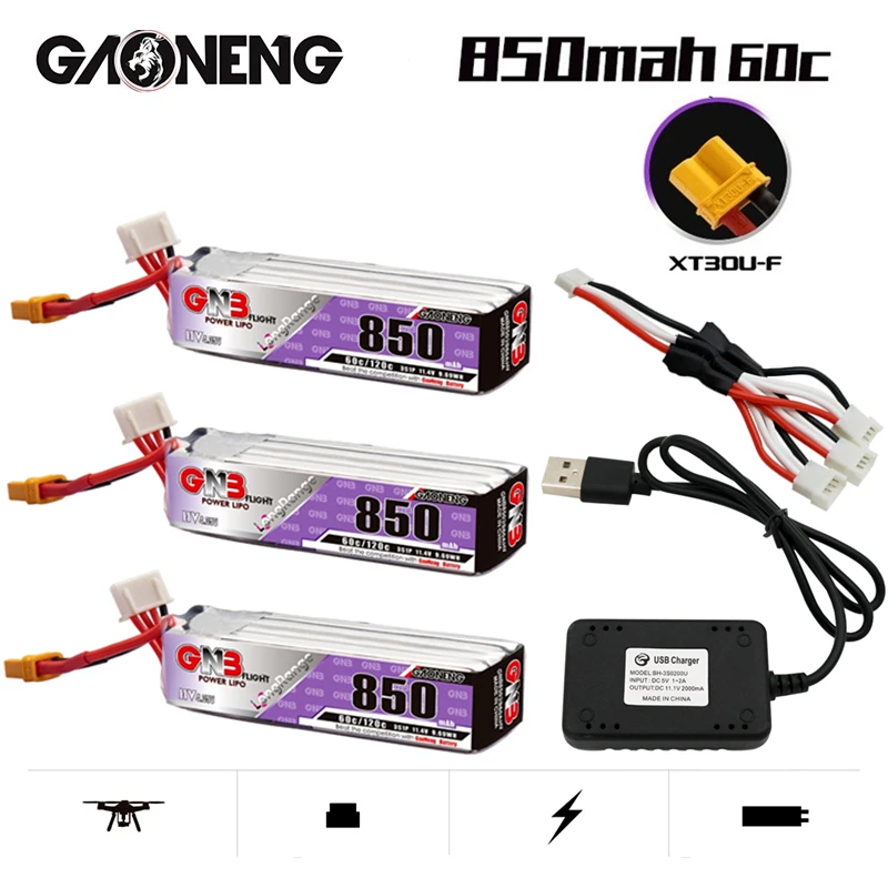 

GNB 3S 11.4V HV Lipo Battery + Charger 850mAh 60C/120C XT30U-F Plug for FPV Racing Drone 4 Axis UAV Quadcopter RC Drone Parts
