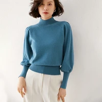 21 autumn winter new half high neck puff sleeve pure wool pullover knitting shirt women short fashion design sweater outer wear