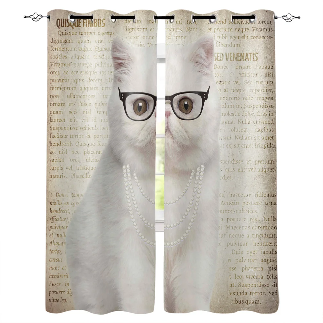 

White Cat With Glasses Window Curtains Living Room Kitchen Modern Home Decor Bedroom Treatment Drapes