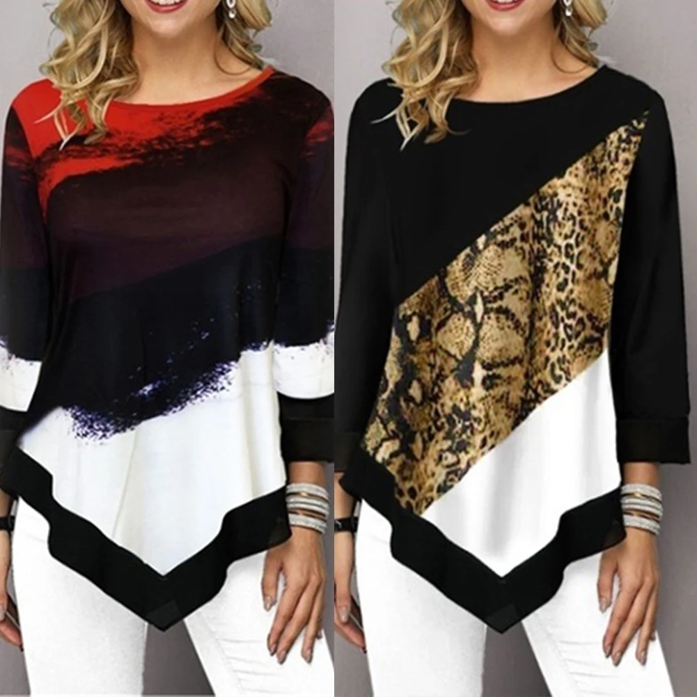 

2020 Blouse women Stylish O Neck 3/4 Sleeve Irregular Hem Leopard Patchwork T-shirt Blouse blusas mujer de moda