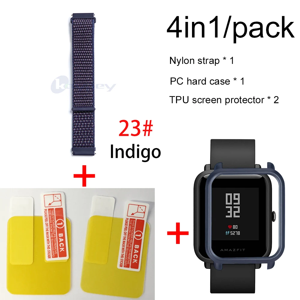 23-Navy blue case 4в1 для Xiaomi Huami Amazfit ремешок bip браслет нейлоновая петля Smartwatch Браслет amazfit bip чехол с защитой экрана - Цвет: 23-Navy blue case