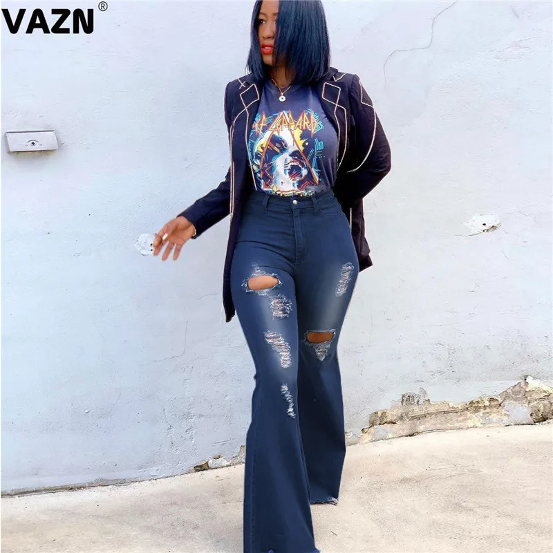 VAZN Hot Sale fashion women Dark Blue Color Jean Boot Cut Pants Office Lady Long Denim Sexy Club Wide Leg Jeans |