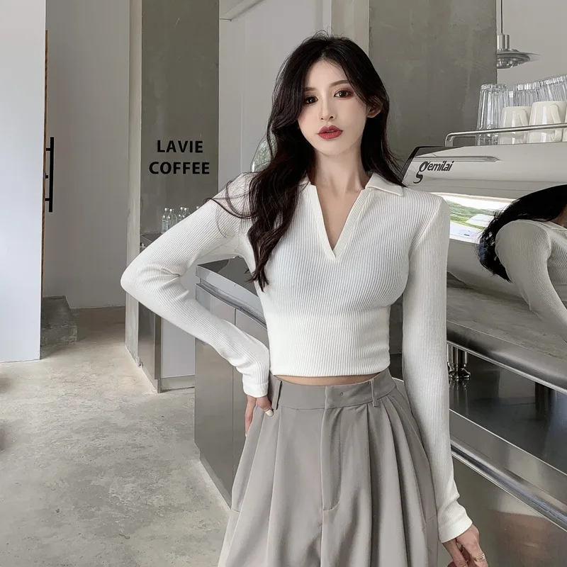 

Женский трикотажный свитер с V-образным вырезом, с длинным рукавом