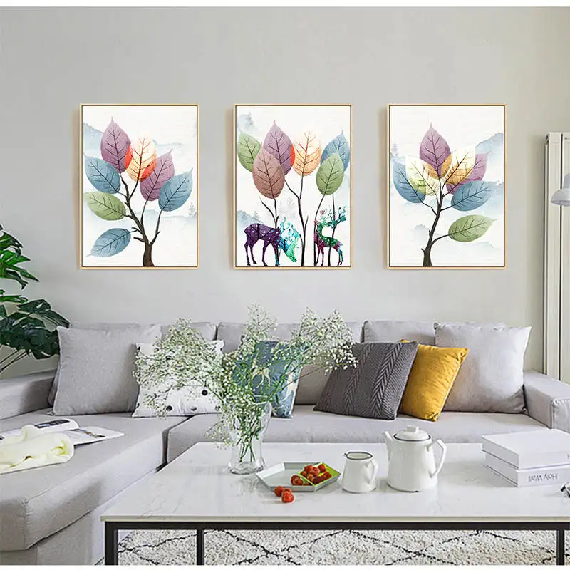 Абстрактный олень и красочные листья холст рисунки постер печать стена в