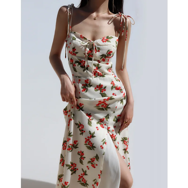 

Summer Women Bandage Cherry Floral Dress V Neck Sleeveless Side Split Speghetti Strap Dress High Waist Bow Holiday Midi Dress