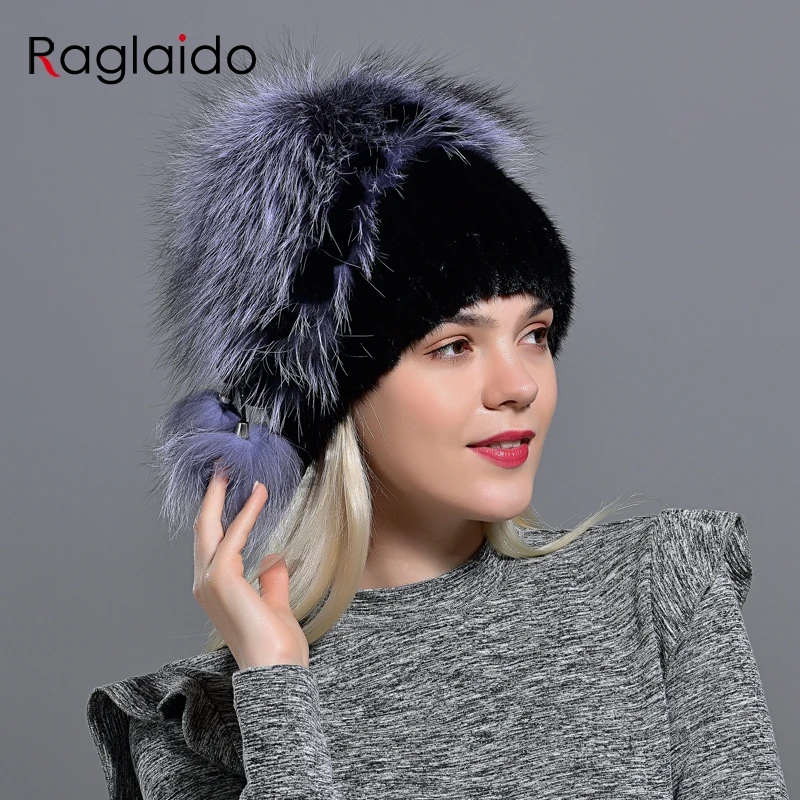 Женская вязаная шапка с помпоном из лисьего меха подлинный натуральных