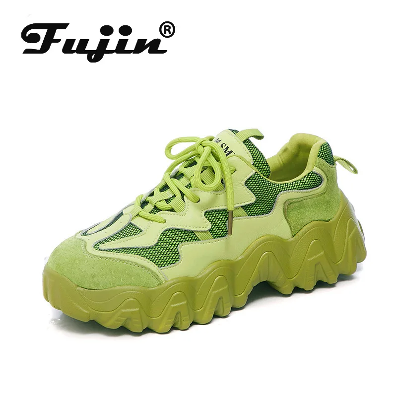 Женские кроссовки на платформе Fujin зеленые и черные вулканизированной подошве