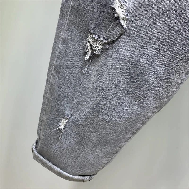 

SHENGPALAE Pocket Hole Jeans Women's Spring 2021 New High Waist Hot Drilling Loose Denim Ankle-length Harem Pants Without Belt