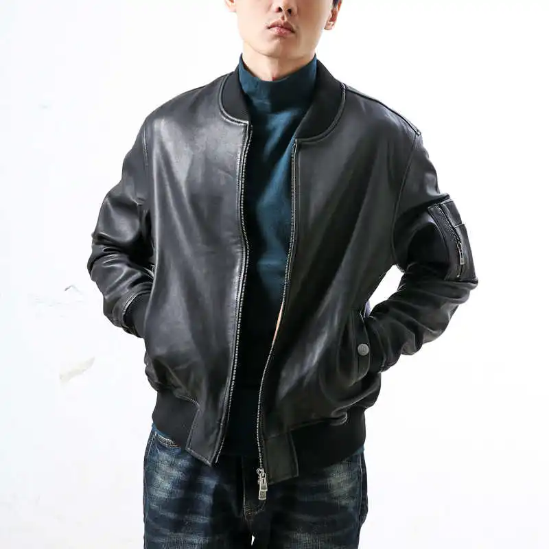 

2021 fashion genuine leather baseball jacket men high quality black sheepskin leather coat for men spring casual jacket male