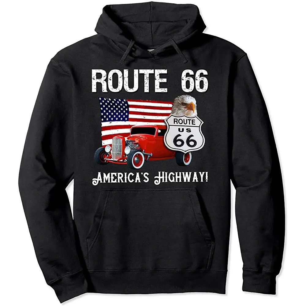 

American Highway Road Trip Route 66 Flag & Vintage Hot Rod Pullover Hoodie