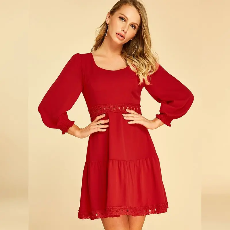 YONIS 2020 весенне-осеннее мини женское платье вязаное крючком кружево украшенное