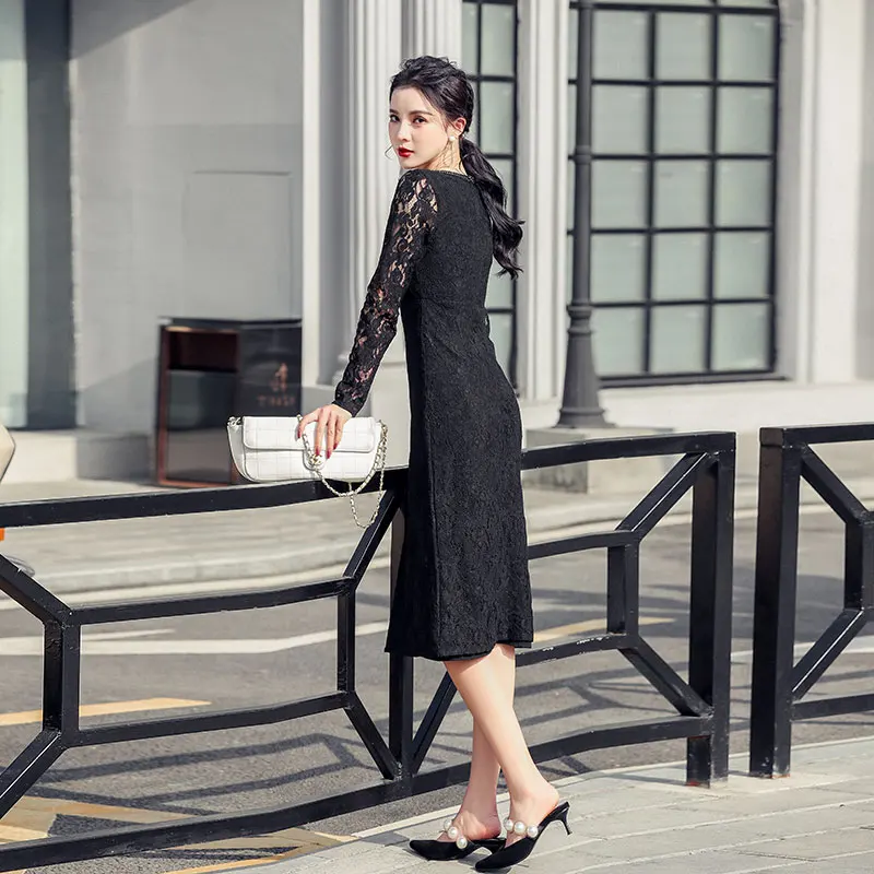 

2021 Early Spring New French Lace Dress Slim Bag Hip Ladies Sexy Split Hepburn Style Dress Skirt Female