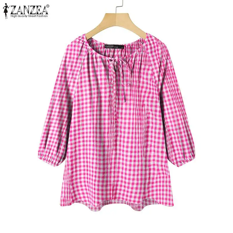 

Женская винтажная клетчатая блузка, рубашка ZANZEA 2022, весна-лето, топы с рукавом 3/4, Повседневная Свободная блузка большого размера