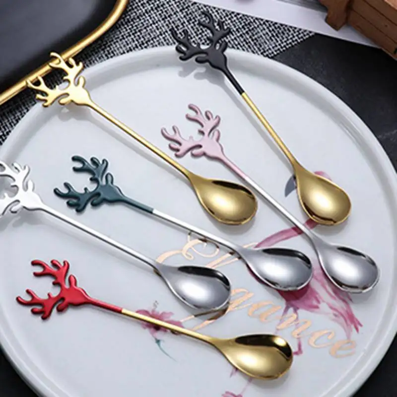 

Deer Head Shape 304 Stainless Steel Stirring Spoon Romantic Christmas Elk Coffee Dessert Spoon Exquisite Tableware