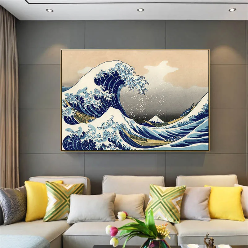 Японский стиль океан волны пейзаж рыба растение цветок листья кран Птица Холст