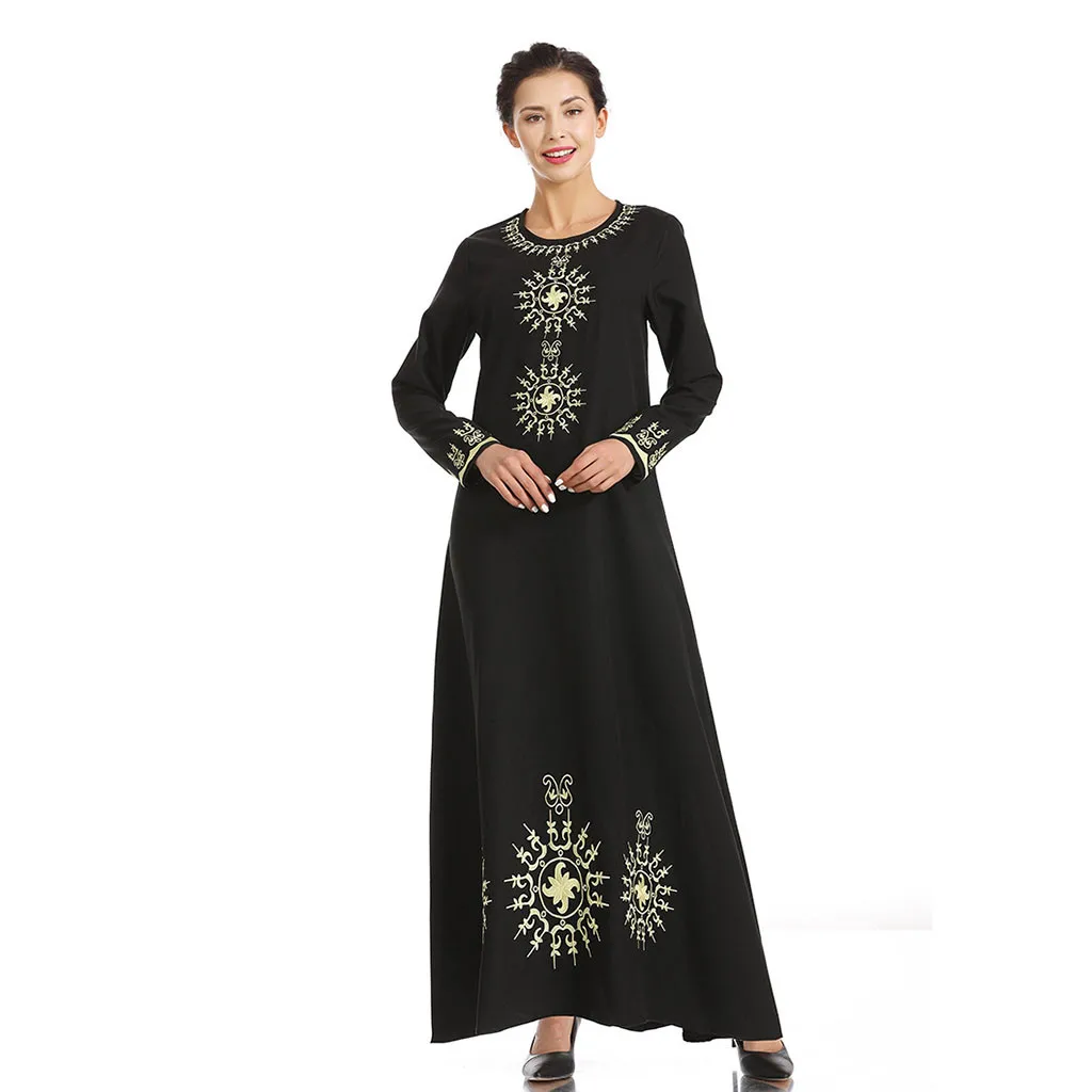 Dubai kaftan Dress Muslim Party Abaya Women Arabic caftan Embroidered Print Round Neck Long Sleeve Arab | Тематическая одежда и