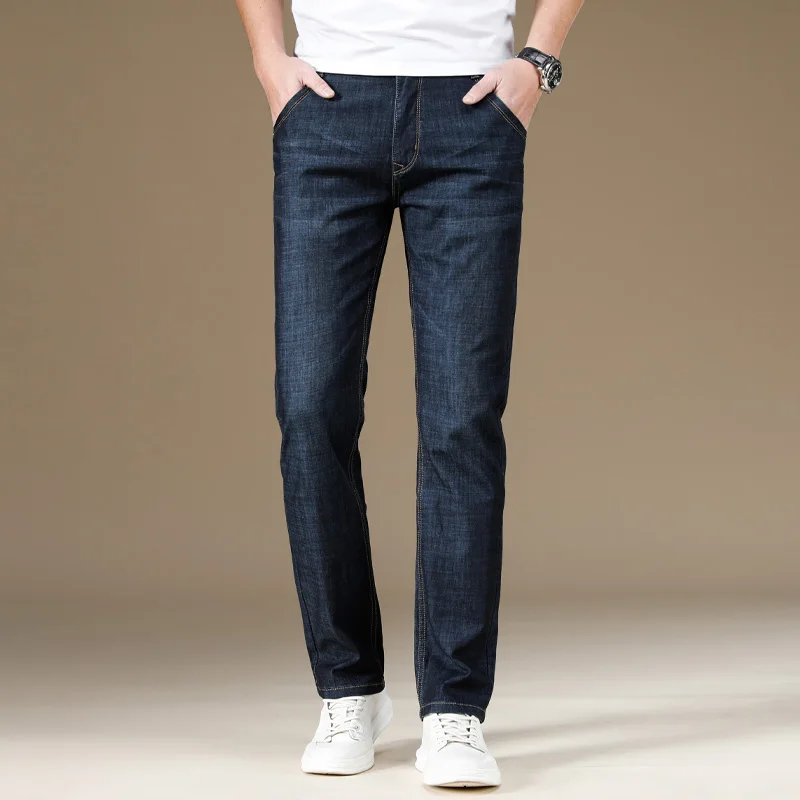 

2021 spring and summer classic brand pocket leather men's lightweight jeans high-quality thin cotton stretch slim straight jeans