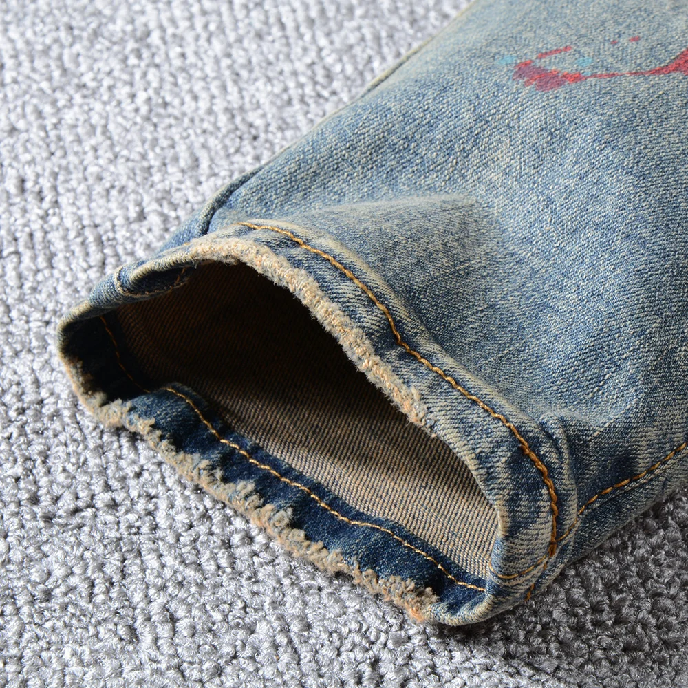 

Holes Men's Painted Ripped Torn Denim Jeans Vintage Blue Distressed Stretch Denim Pants High Quality Slim Fit Male Jeans