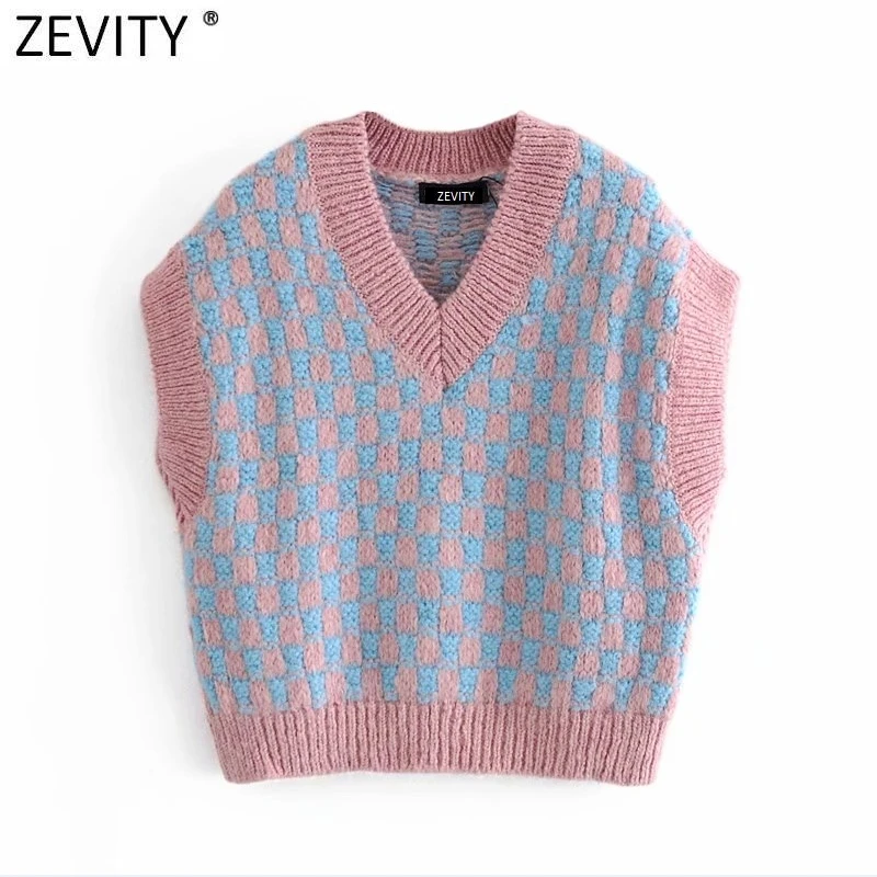 

Женский вязаный свитер Zevity, винтажный пуловер с V-образным вырезом, в клетку, 2021, для отдыха, S690, безрукавный Повседневный узкий