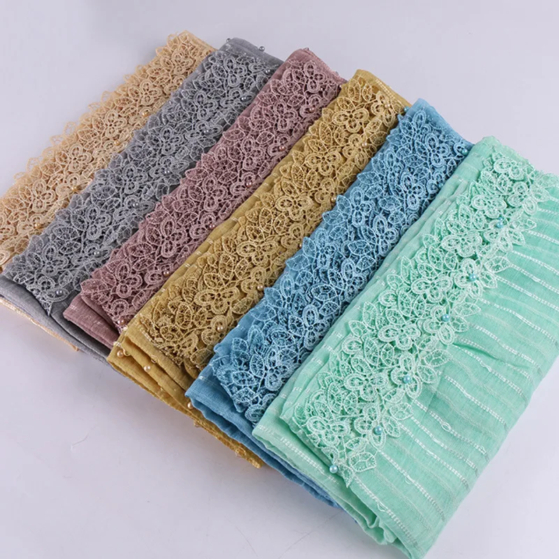 Шарф Кружевной Женский красный зеленый белый гофрированный с жемчугом