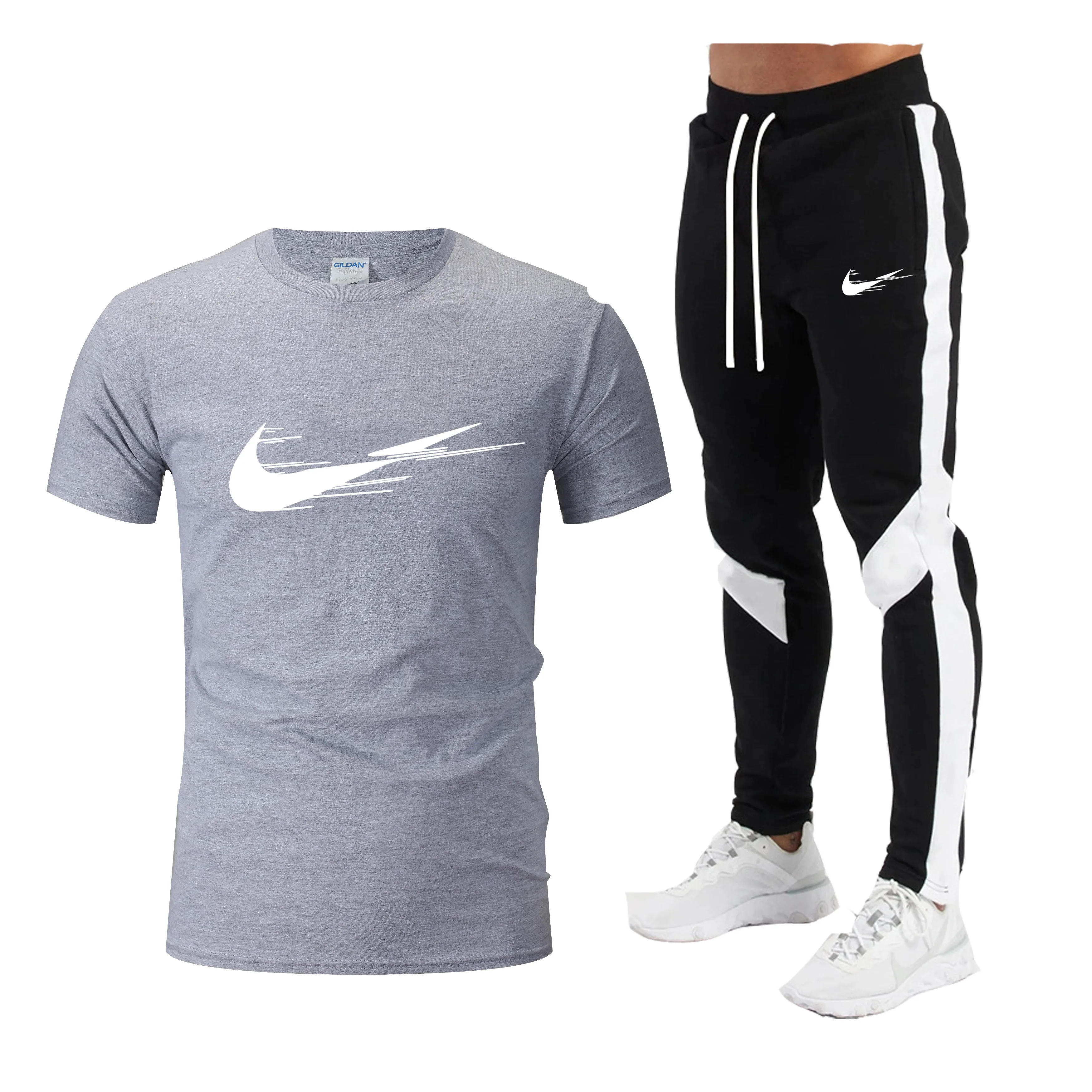 

2021 New Fashion Men's Sports T-shirt Suit Men's Summer Short-sleeved Sports Suit T-shirt + Trousers Cotton T-shirt Casual Suit