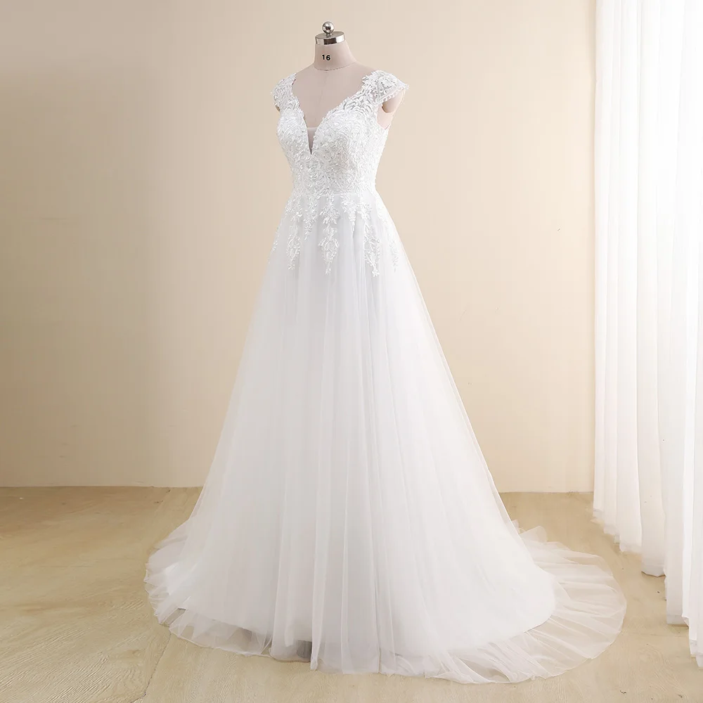 Amazing Wedding Dress Plus Size New Arrival V neck Cap Sleeve A Line Wedding Gowns Tulle Lace Applique Robe De Mariee Gown bridal shower dress