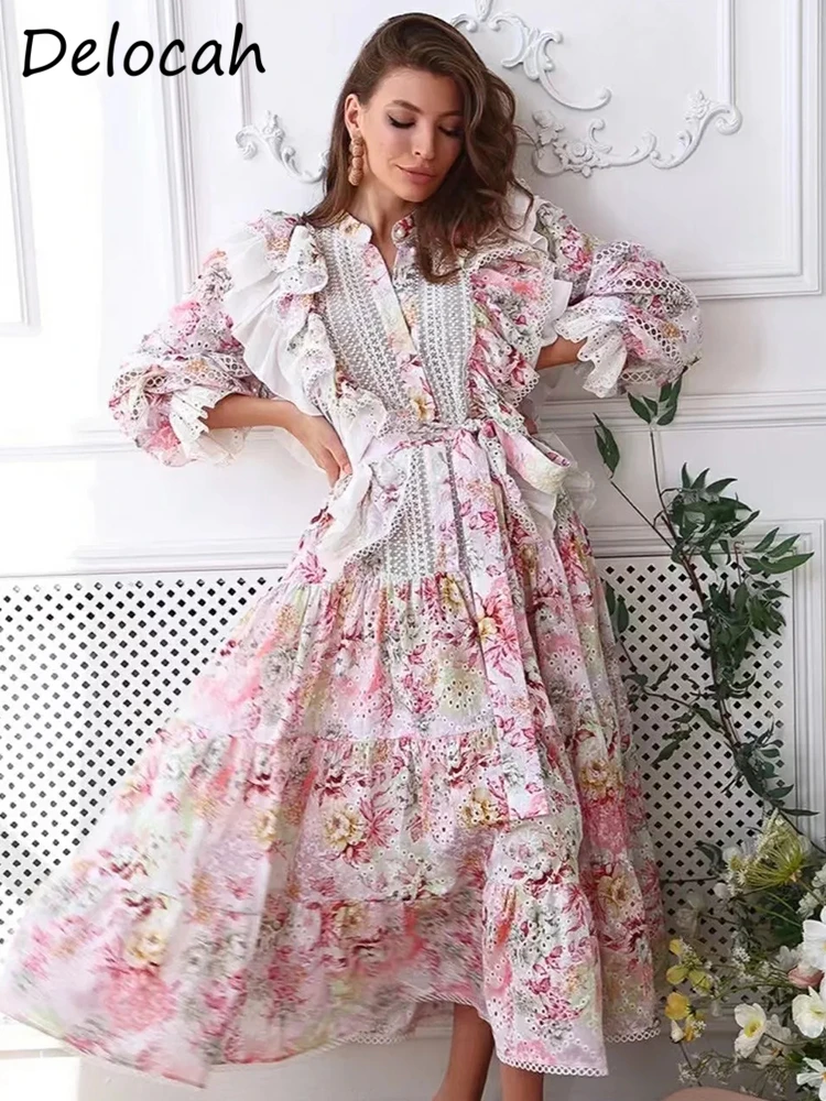 

Delocah весеннее женское модное подиумное длинное платье с расклешенными рукавами, великолепные оборки, кружевные пояса с цветочным принтом, элегантные женские платья