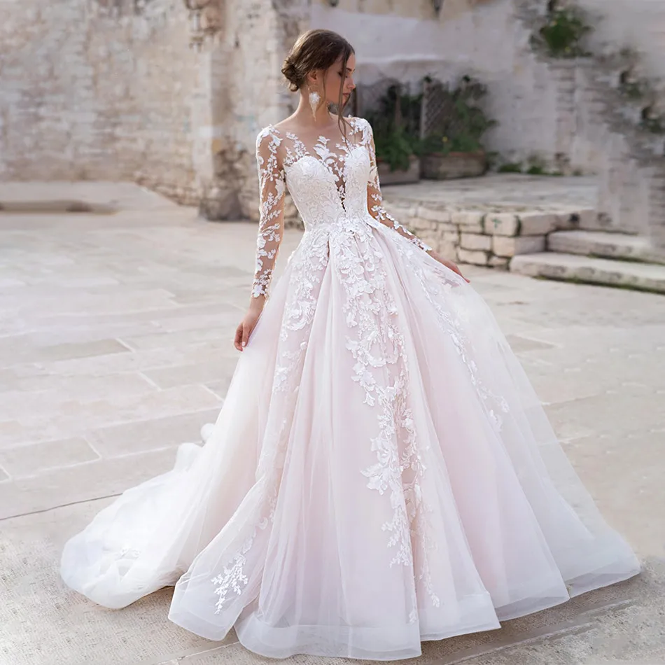 

Wedding Dress A Line 2020 Elegant Lace Luxury Beaded Boat Neck Lace Up Princess Bridal Gown