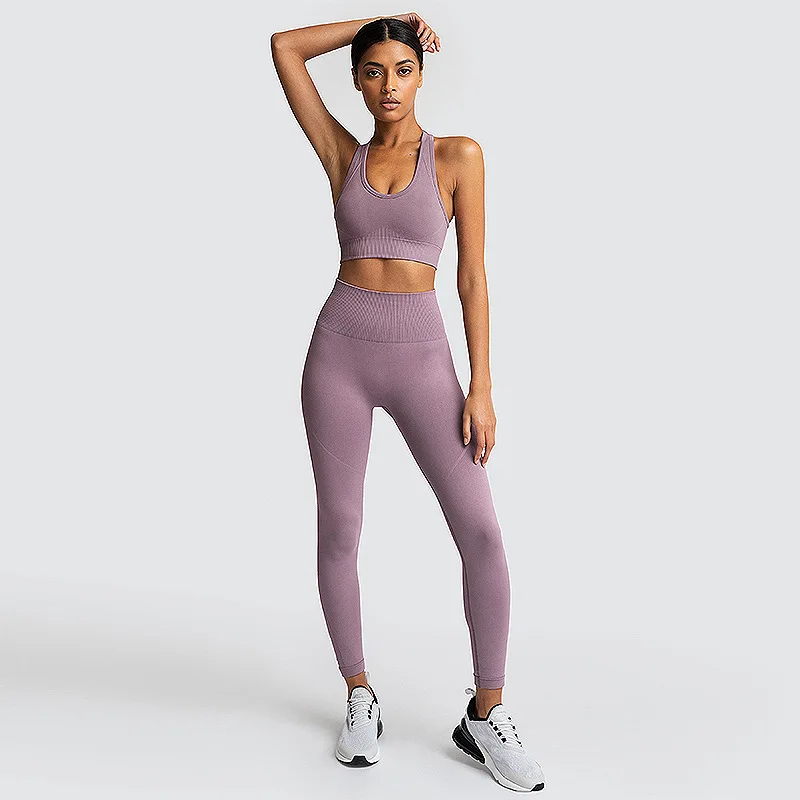 Light Purple Бесшовный комплект для спортзала, нейлоновая женская спортивная одежда, 2 предмета, леггинсы для упражнений, мягкие спортивные бюстгальтеры, женская одежда для фитнеса, комплекты для йоги, спортивные костюмы L - Цвет: Light Purple