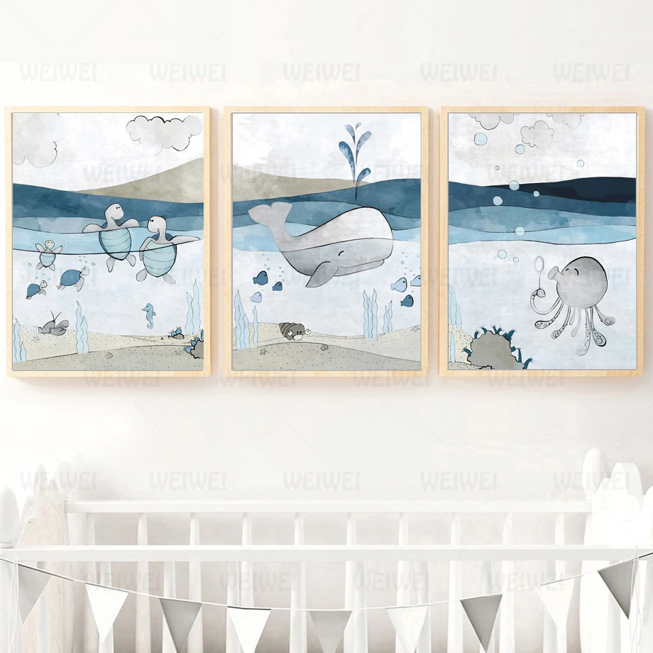 Настенная картина голубой морской Кит черепаха осьминог Картина на холсте