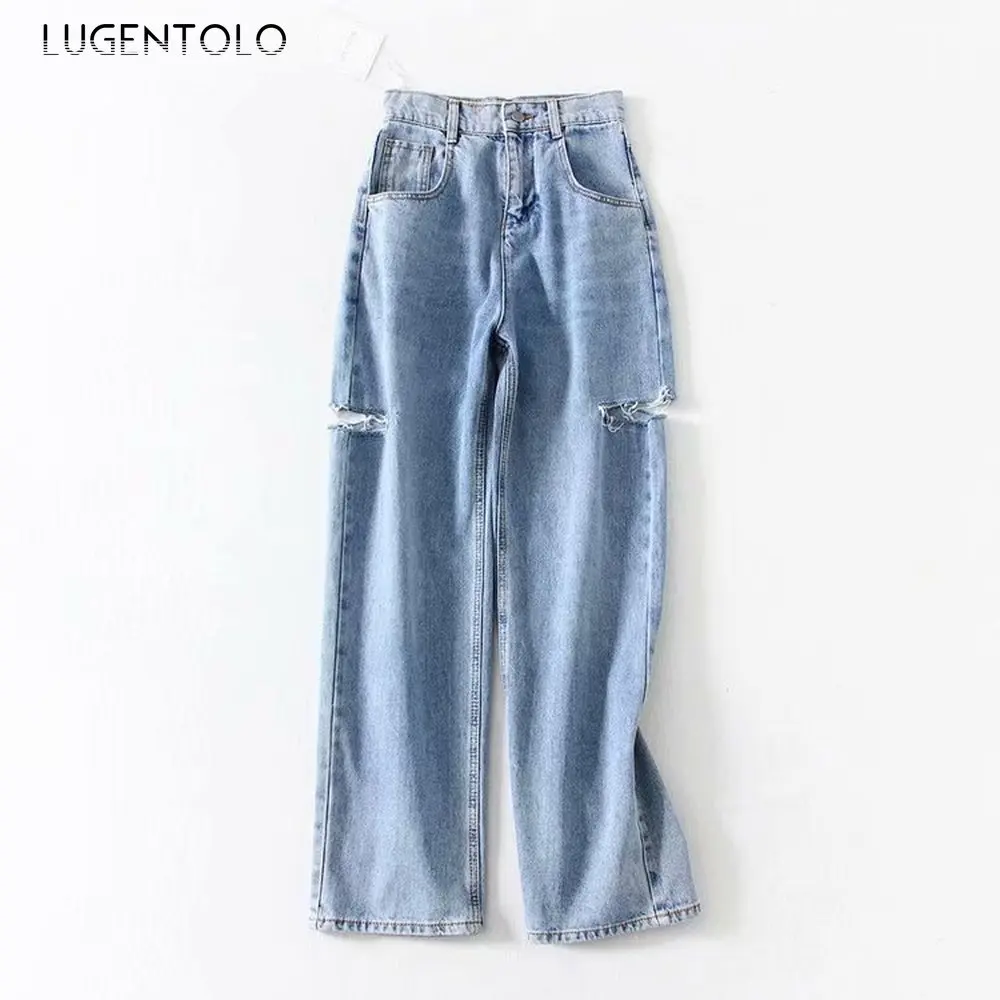 

Джинсы Lugentolo Женские повседневные с дырками на весну и осень новые модные прямые джинсы на пуговицах с карманами