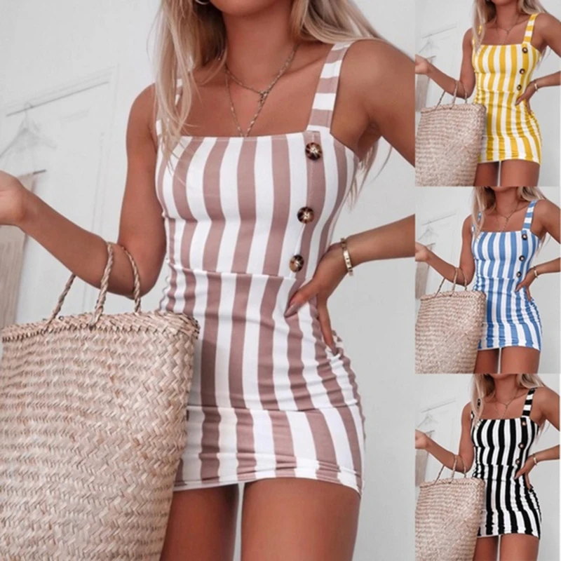 

Sexy Women Striped Pencil Dress Summer Backless Design Button Decor OL Dress Sleeveless Slim Package Hip Mini Elegant Dresses