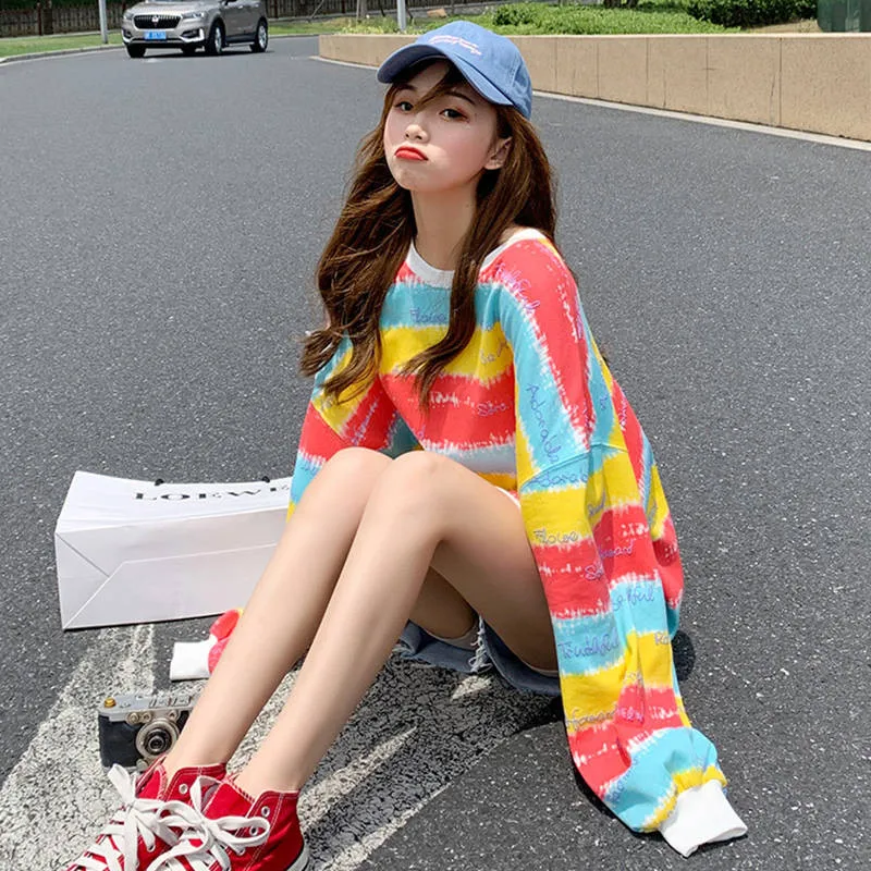 

Harajuku 2019 Women Sweatshirt Rainbow Striped Korean Style Loose Fashion Tops For Female Fashion Autumn Hoodie Streetwear Girls