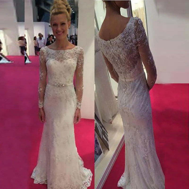 

Modern Slim Mermaid Lace Long Sleeve Bridal Wedding Dresses Bateau Neck Beaded Buttons Back Wedding Gowns for Bride Appliqued