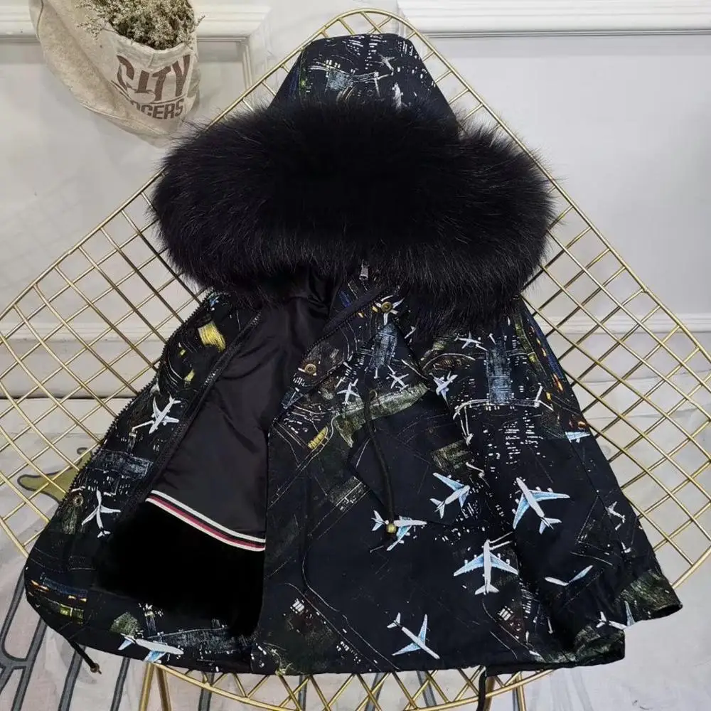 Children Winter Jacket Graffiti Boys Girls Real Fur Coat Thick Warm Rabbit Fur Kids Jacket Coat Furry Natural Fur Collar TZ428