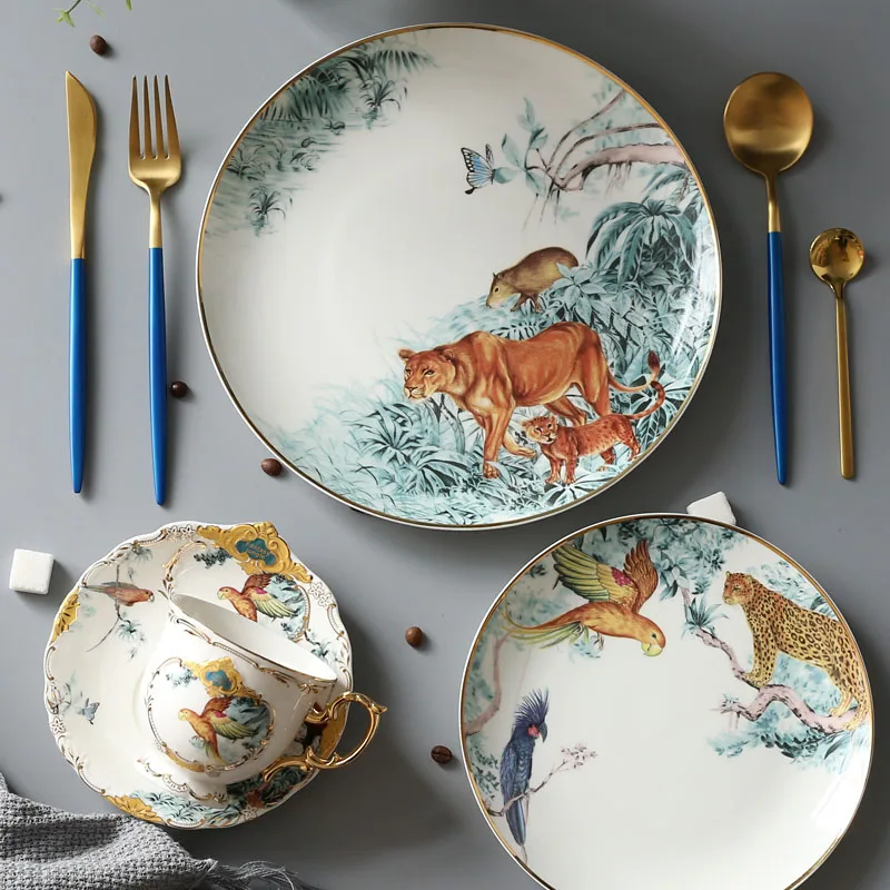 Lion Design Dish Gold Rim Main Plate Circular Ceramic Animal Forest Series Tableware Food Tray French Dishes 8/10inch | Дом и сад