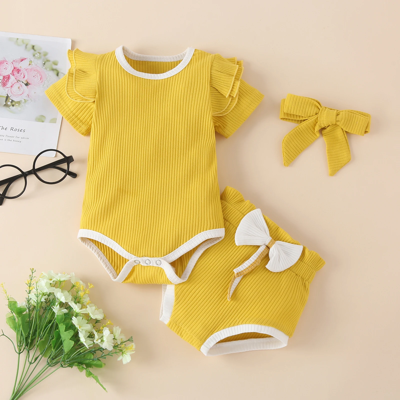 

2021-05-05 Lioraitiin 3Pcs Set 0-24M Infant Baby Girl Casual Summer Clothing Short Sleeve Solid Romper Top Shorts Headband