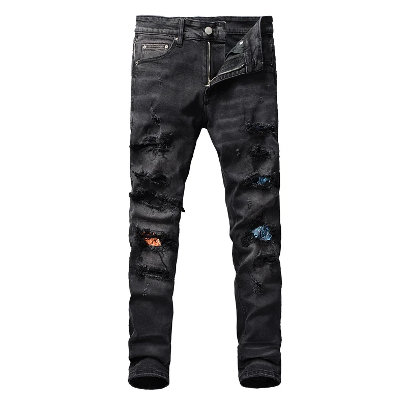 American Street Fashion Men Jeans Retro Black Gray Destroyed Slim Fit Ripped Jeans Men Patches Designer Hip Hop Denim Punk Pants