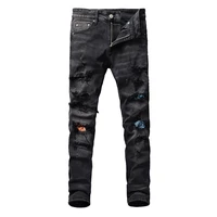 american street fashion men jeans retro black gray destroyed slim fit ripped jeans men patches designer hip hop denim punk pants