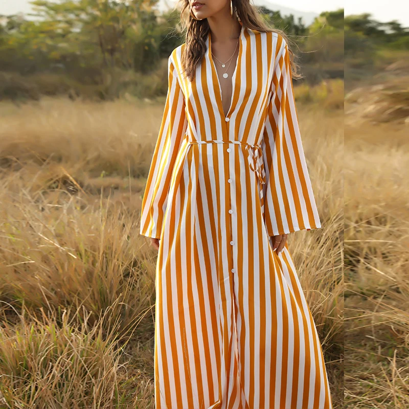 Длинный полосатый купальник In-X накидки на пуговицах Пляжное Платье женский