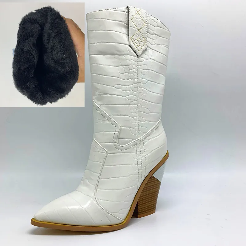 white B NEMAONE/Прямая поставка; Брендовые женские ботинки; обувь на танкетке с острым носком; сезон осень-зима; короткие женские сапоги до середины икры в западном стиле - Цвет: white B
