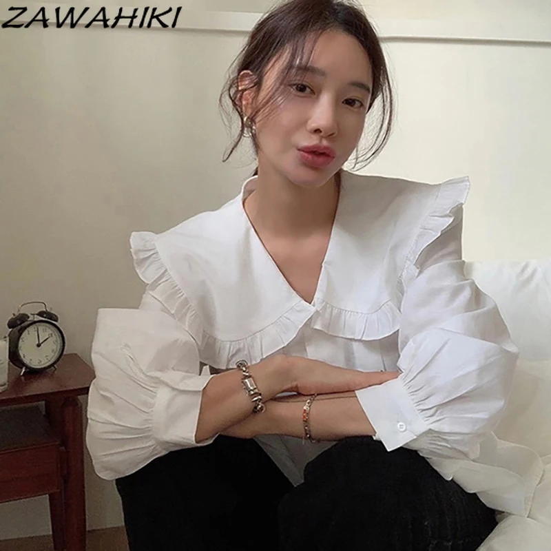 

Осенние женские блузки zawhiki Питер Пэн, однотонные элегантные милые с пышными рукавами, корейские шикарные модные женские рубашки, блузки с о...