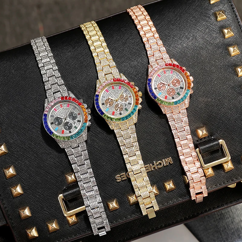 

European And American Ladies Diamond Watch hip-hop Trendy Fashion Big Dial Calendar Quartz Watch Gypsophila Watch