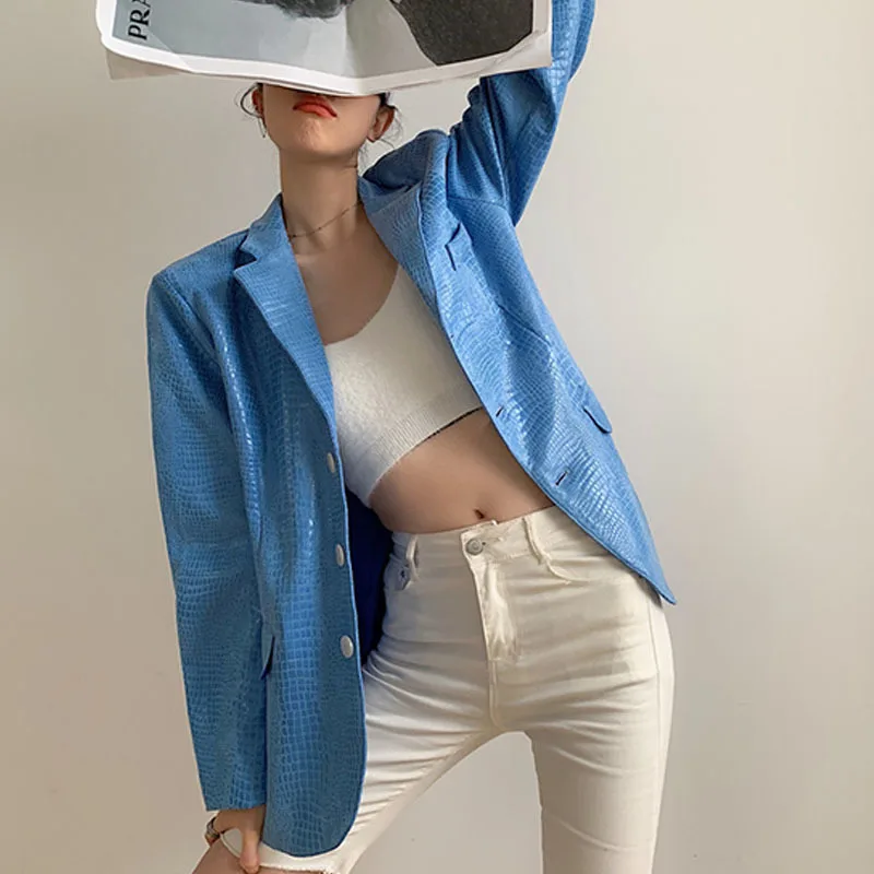 

Женский кожаный блейзер, синяя куртка из искусственной кожи с наплечниками, весна-осень 2022