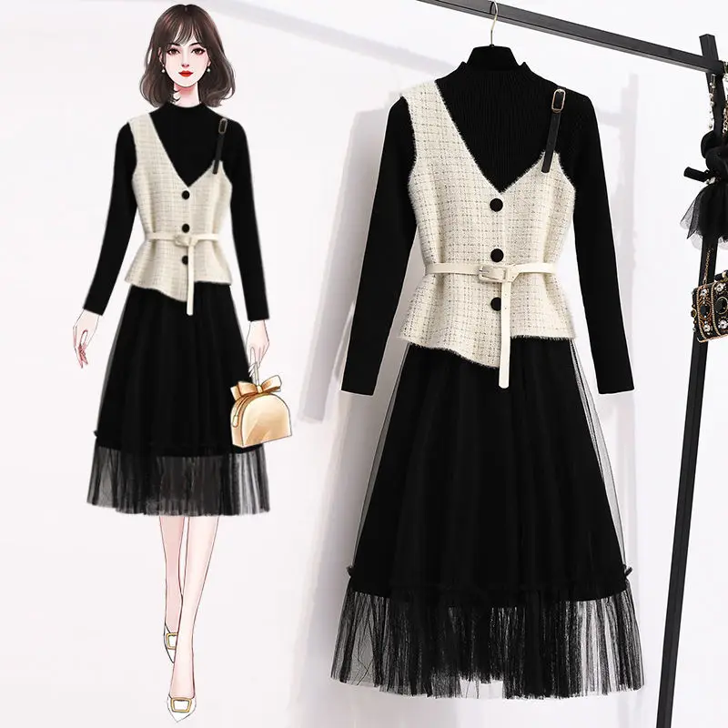 

2021 Autumn Winter Women Elegant Suit Lady Knitted Pleated Dress +Irregular Tweed Vest Two Piece Set Female Casual Slim Set Q290